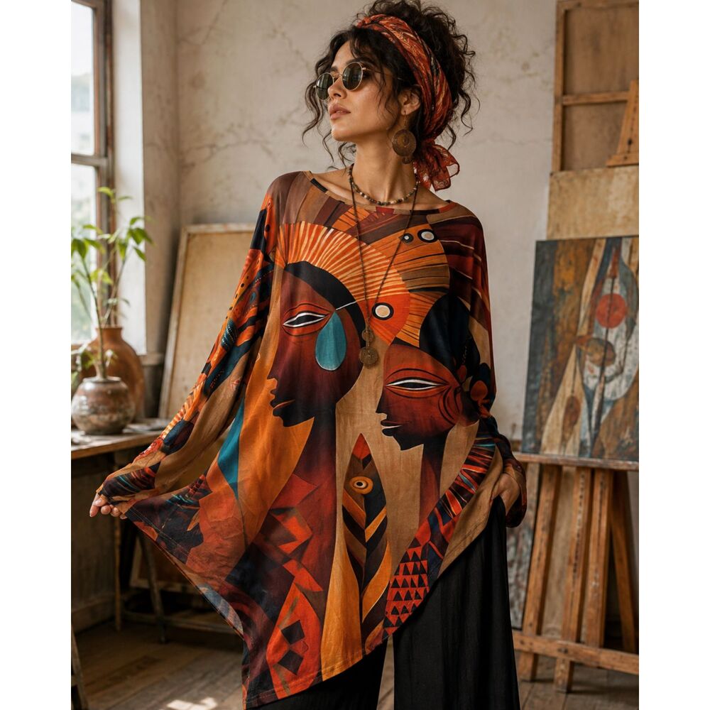 Abstract Face Art Tunic Top Oversized Women’s Plus Size Boho African Shirt